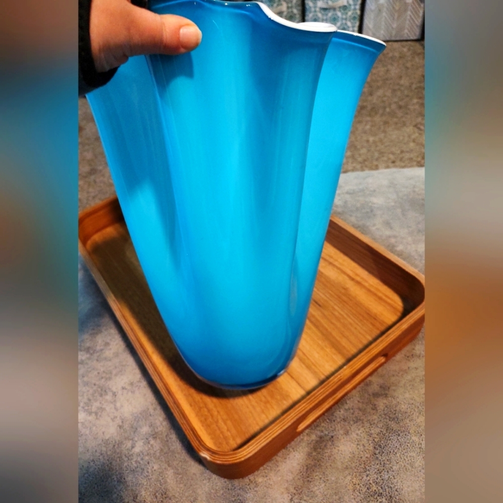 Large Beautiful Vintage MCM Turquoise unique blown glass Murano cased vase RARE - Picture 6 of 11